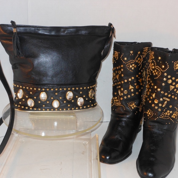 FANTASY Shoes - FANTASY BLACK LEATHER STUDDED BOOTS AND BAG